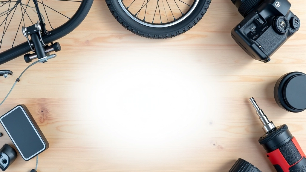 Objets variés prêts à être loués : vélo, appareil photo, équipement de camping sur une table en bois clair