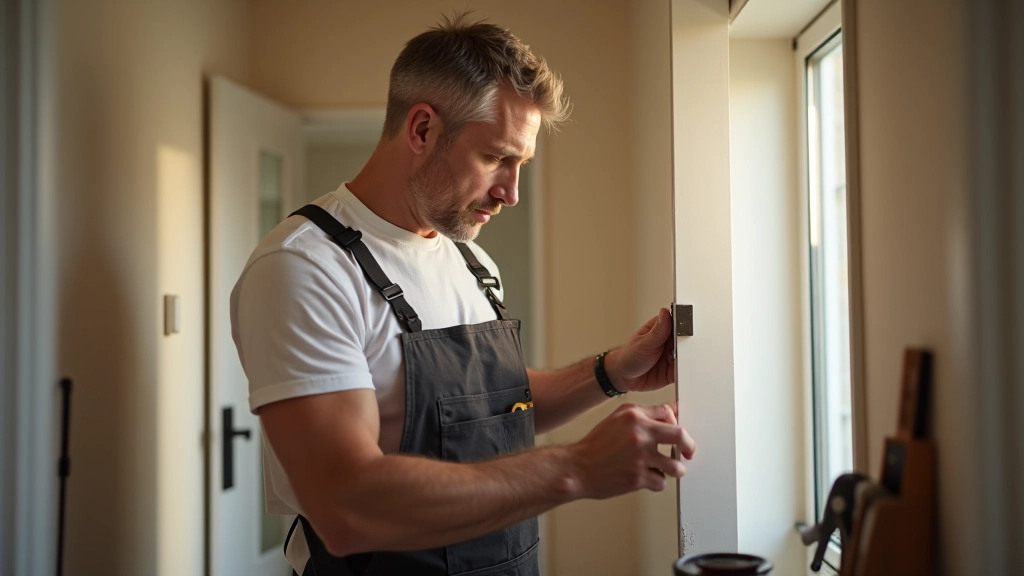 Main-d'œuvre réparant une porte dans un quartier résidentiel français