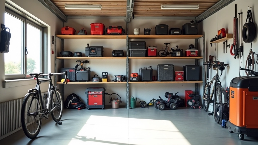 Rangement organisé d'outils de bricolage et équipement sportif dans un garage bien aménagé