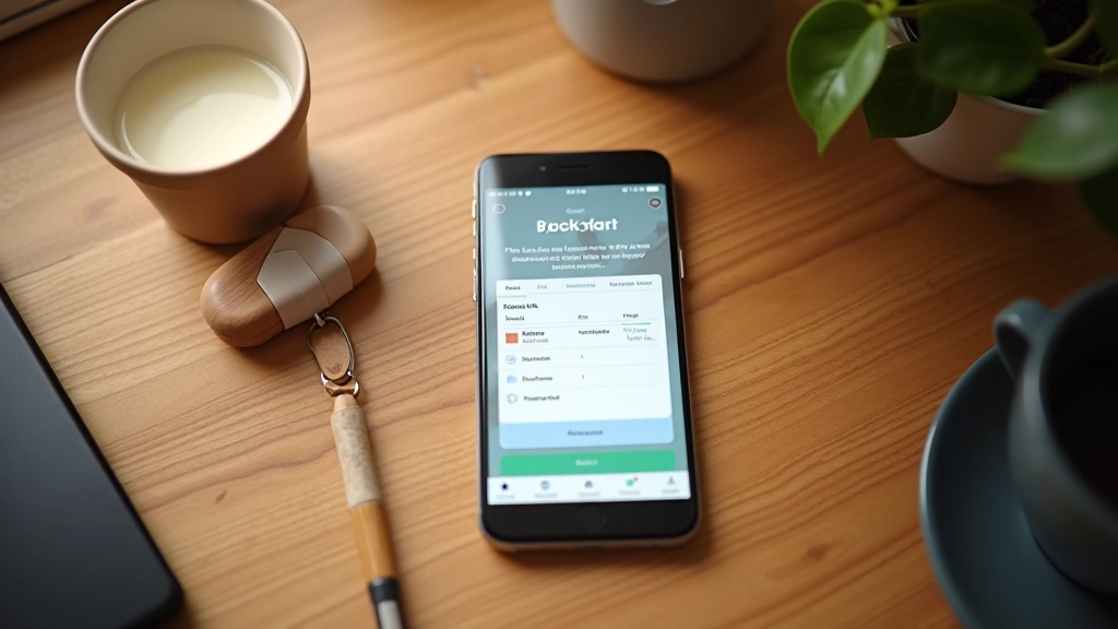Smartphone affichant une application de réservation de services avec avis clients sur une table en bois
