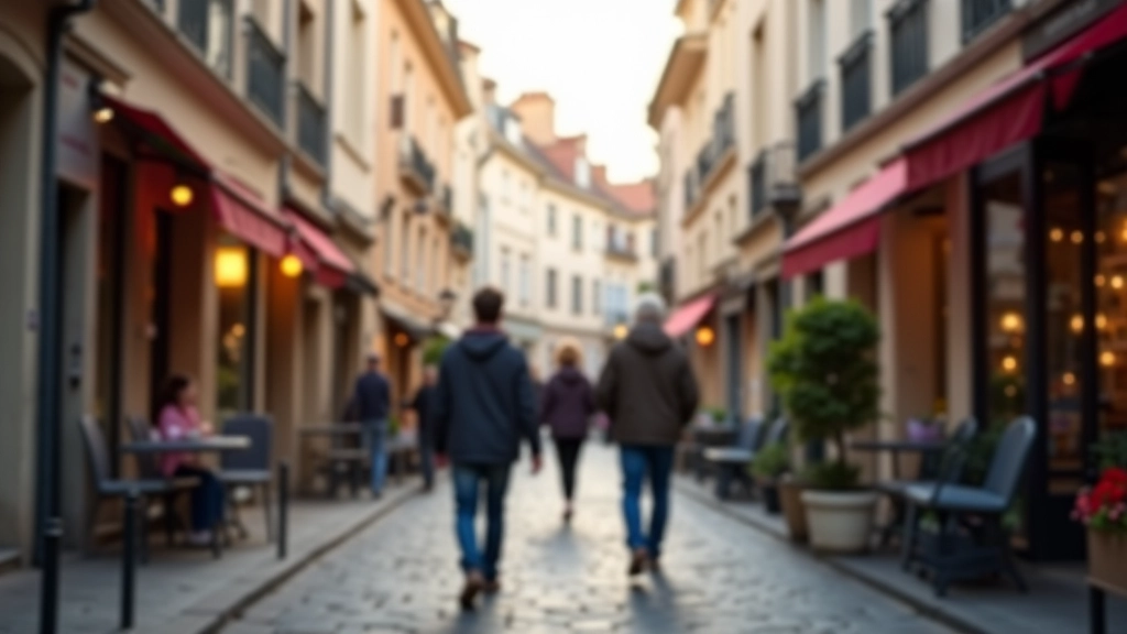 Vue d'une rue de quartier français avec des commerces locaux et des résidents, atmosphère communautaire chaleureuse