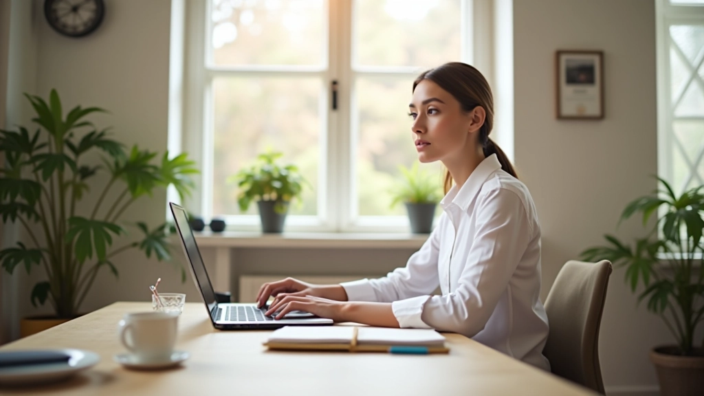 Espace de travail moderne à domicile avec bureau, ordinateur portable et carnet, lumière naturelle