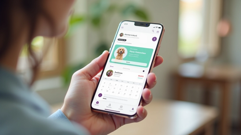 Écran de téléphone affichant une application de garde d'animaux avec profil gardien et calendrier disponible