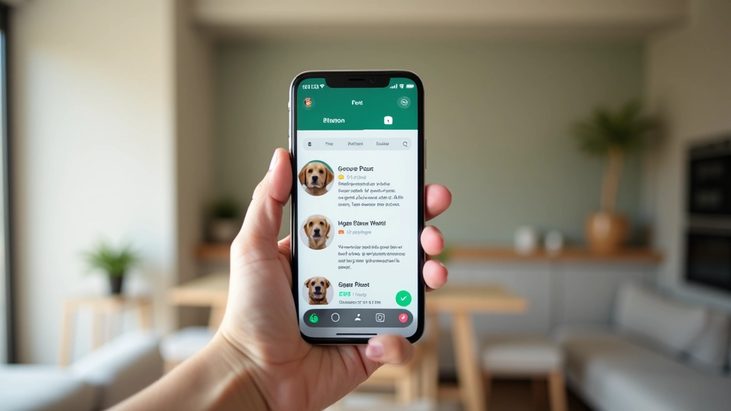 Téléphone affichant messages WhatsApp avec photos d'animaux heureux et propriétaires satisfaits