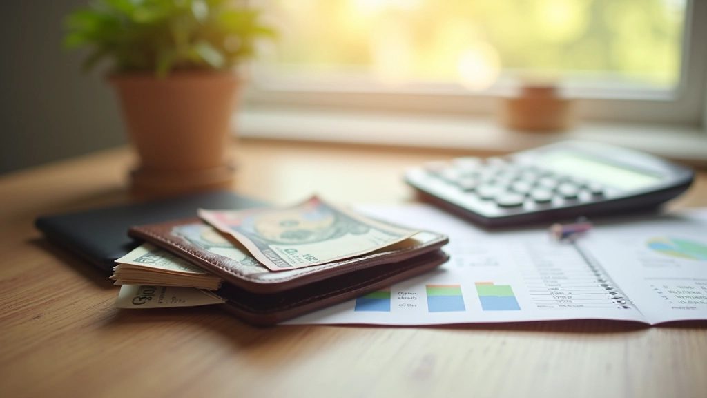 Portefeuille avec billets, calculatrice et notes financières montrant des gains progressifs