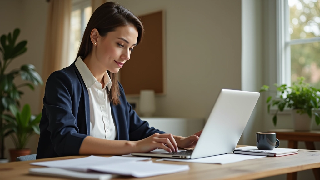 Femme travaillant sur un ordinateur portable avec des documents de planification financière sur son bureau